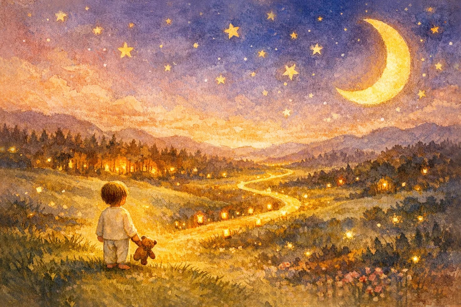 A small child in pajamas seen from behind, holding a teddy bear, standing at the entrance of a vast magical dreamscape with golden paths, glowing lanterns, and a starry sky